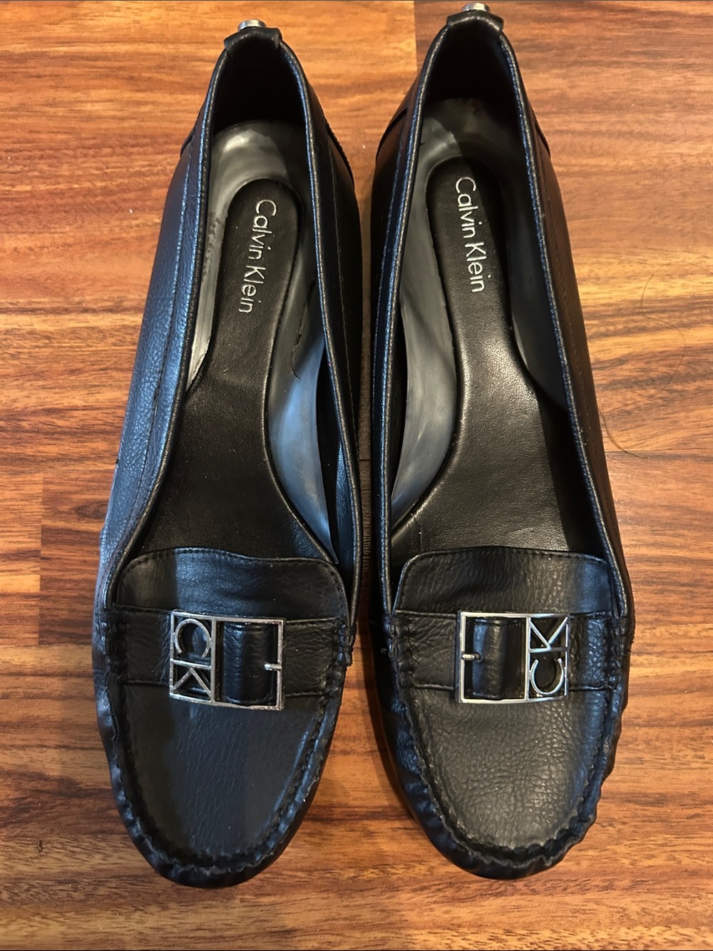 Calvin Klein Black Leather Loafers with Silver Logo Hardware